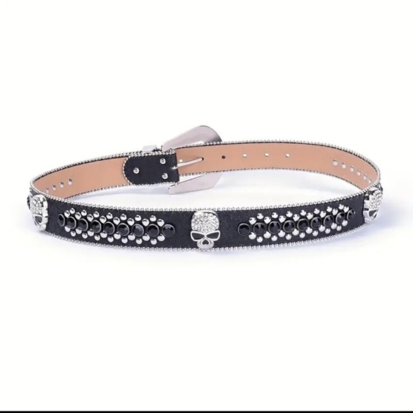 Womens Black & Silver Skull Moto Biker Western Silver Stud Rhinestone Bling Belt - Picture 3 of 11